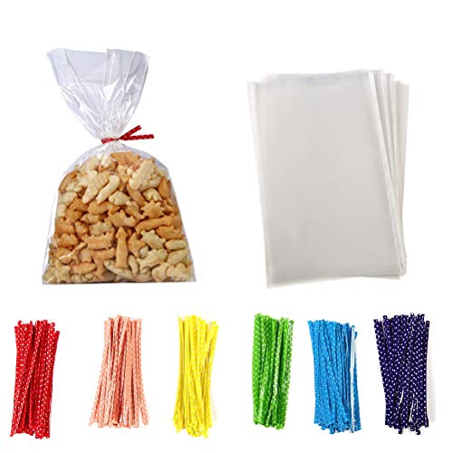 100 Pcs 10 in x 6 in Clear Flat Cello Cellophane Treat Bags Good for Bakery, Cookies, Candies,Dessert(by Brandon)1.4mil.Give Metallic Twist Ties! - size: 100 Count (Pack of 1)