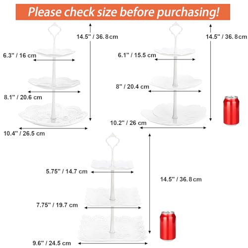 Tosnail 3 Pack 3 Tiers White Plastic Cupcake Stand Dessert Stand Tiered Serving Trays - Round, Square, Flower - color: White