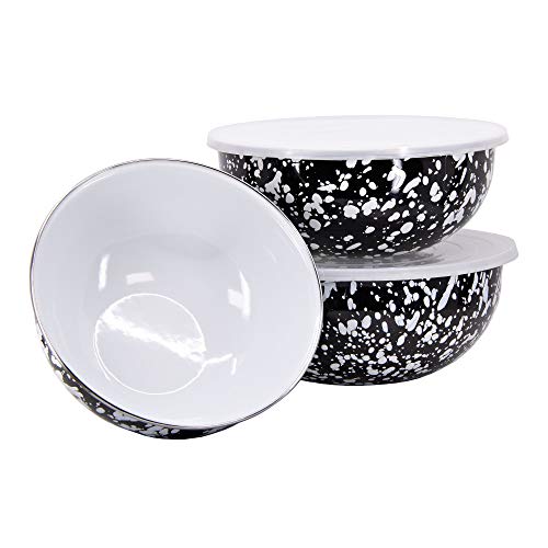 Golden Rabbit Enamelware Nested Mixing Bowls with Lids, Set of 3, Black Swirl - color: Black Swirl