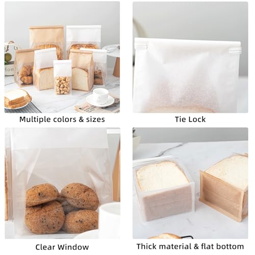 50 Pack Medium White Paper Bread Bags with Window 10.3" x 6.3" x 5.1" - color: White, size: Medium