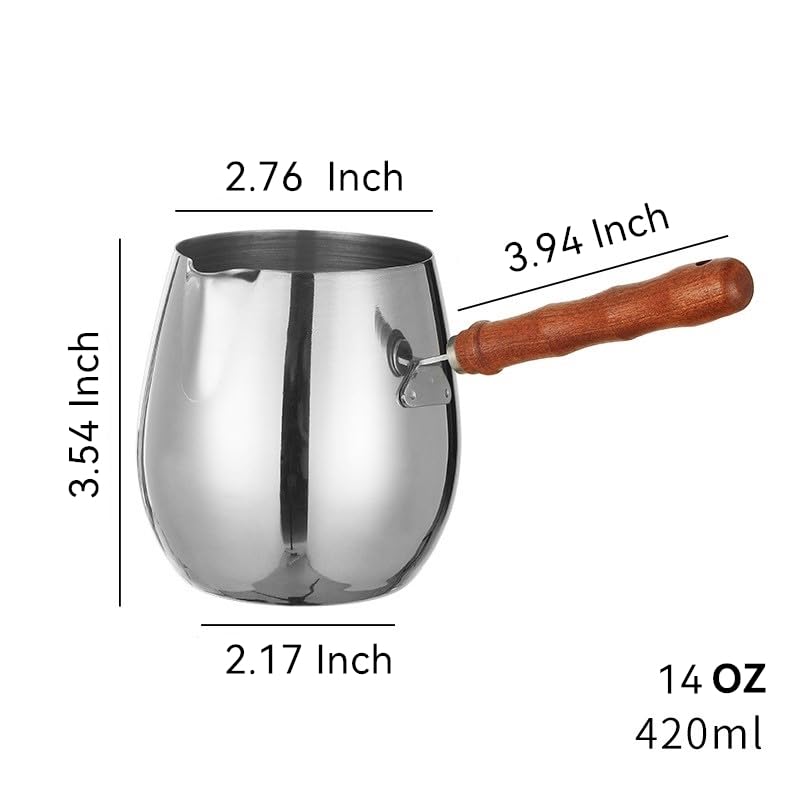 Turkish Coffee Pot 14oz/420ml with Wooden Handle, 18/8 Stainless Steel, Cezve Ibrik Briki Stovetop Warmer for Milk Butter Chocolate Melting, Greek Arabic Coffee Maker, Maple Syrup & Sauce Heating Pan - size: 0.4 Quarts
