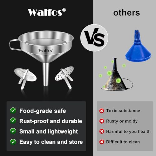 Large Stainless Steel Funnel, Walfos Kitchen Funnel with 2 Removable Strainer ＆ 1Pc Cleaning Brush, Perfect for Transferring of Liquid, Oils, Jam, Dry Ingredients & Powder (Big, 5.7") - color: 1pcs 5.7in Stainless Steel