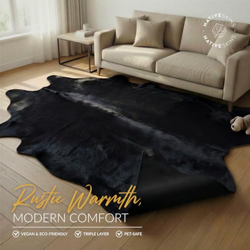 Faux Cowhide Rug 4'3"x5'7" - Black Cow Print Rug, Washable, Non-Shedding - color: Black, size: 4'4" x 5'8" (Medium)