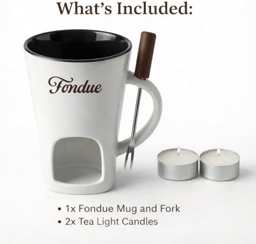White Chocolate Fondue Mug with Tealight & Fork – Ceramic Single-Serve Fondue Cup for Chocolate & Cheese Dipping - color: White
