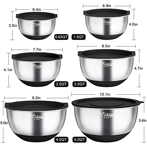Wildone Mixing Bowls with Airtight Lids, Stainless Steel Mixing Bowls Set - color: Black