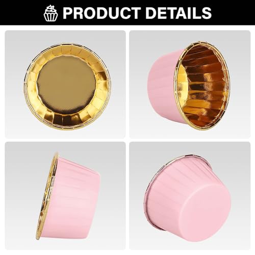 EUSOAR Cupcake Liners, 50pcs 3.5oz Aluminum Foil Wrappers Muffin Cupcake Containers, Disposable Dessert Ramekins Paper Baking Cups Mini Cheesecakes Holders for Birthday Wedding Party-Pink/Gold - color: Pink/Gold, size: 50pcs