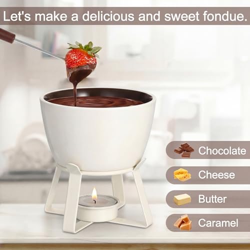 BSTKEY 320ML Ceramic Butter Warmer Set with 2 Dipping Forks, Fondue Pot Melting Pot Set, Melt Hot Pot Bowl Set for Cheese Chocolate Butter Caramel (White) - color: White