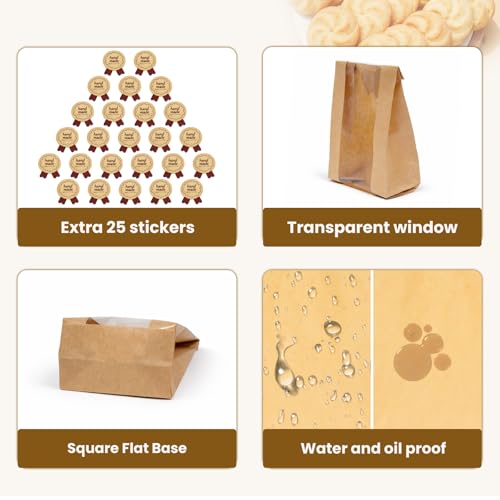 WIKDAY Cookie Bags with Window 50PCS Small Paper Treat Bread Bakery Bags - size: Small Size (3.5" x 2.3" x 7.5") with Stickers A