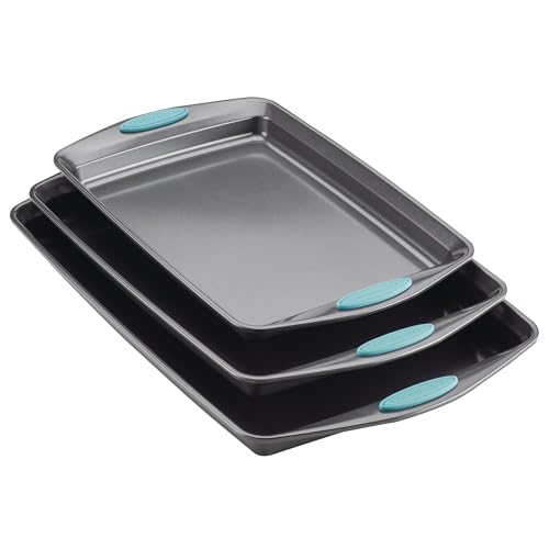 Rachael Ray Nonstick Bakeware Cookie Pan Set, Baking Sheets, 3-Piece, Gray - color: Agave Blue Grips