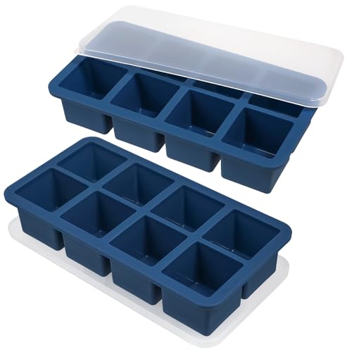 Webake 1/2 Cup Silicone Freezer Tray with Lids, 8-Grid Square Ice Cube Mold, Ideal for Prep & Portion, Large Ice Cube, Storage Soup, Snack, Broth, Leftovers, Pack of 2 - color: Dark Blue