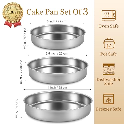 Inqibee 8-9.5-11 Inch Round Cake Pan Set, Stainless Steel Textured Bottom - size: 8-9.5-11 Inch