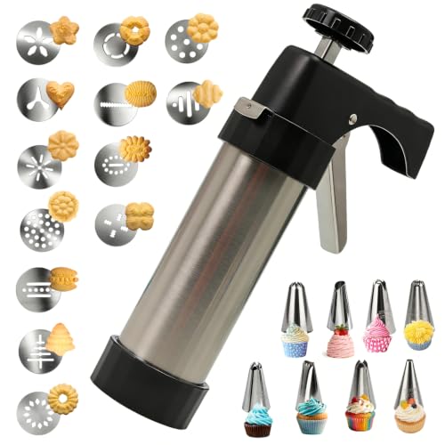 22-Piece Stainless Steel Cookie Press Set, 13 Discs & 8 Piping Tips - color: Black