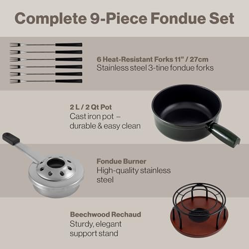 Swissmar Ticino Cast Iron Cheese Fondue Set, 9-Piece, 2 Liter, Green Color - color: Green