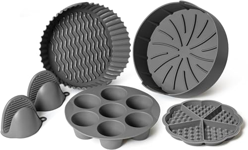 EM Set of 5 Silicone Air Fryer Liners with Egg Bite Mold, Waffle Mold & Mitts - 7.5” Round Reusable Silicone Inserts for 3-5 Qt Airfryers - Easy to Clean & Heat-Resistant Air Fryer Accessories Set - size: 5-Pack 7.5 in Liners for 3-5 Qt