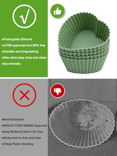 Heart Shaped Silicone Cupcake Liners, 6 Pack Reusable Non-Stick Baking Molds for Muffins, Cupcakes, Oven Safe, Dishwasher Safe (Green)