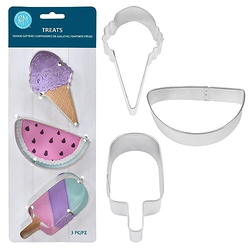 R&M Summer Treats 3-Piece Cookie Cutter Set – 4" Ice Cream Cone, 3.5" Half Circle & 3.75" Popsicle - Summertime Baking Tools for Cookies, Fondant & Crafts