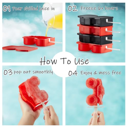 ACOOKEE Monster Truck Popsicle Molds Set of 4 (Ice Pop Mold+Sticks+Lids+Drip Guards) for Homemade Freezer Ice Pops & Frozen Snacks, Stocking Stuffers for Boys & Girls