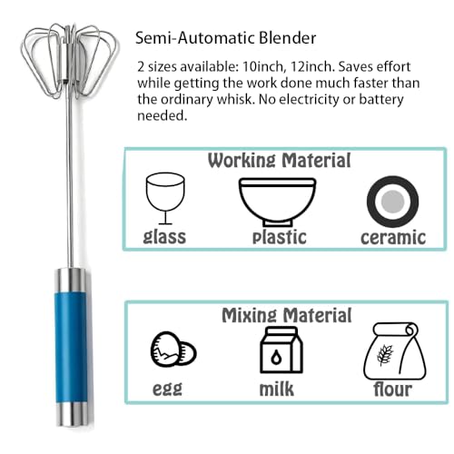 Stainless Steel Semi-Automatic Egg Whisk Set, 2PCS Hand Push Rotary Manual Mixer for Cooking, Whisking, Beating and Stirring (10&12 Inch) - color: Blue