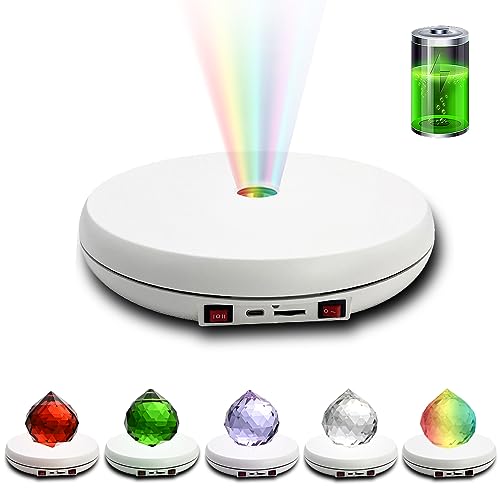 JAYEGT Multicolor LED Light Motorized Rotating Display Stand , 10 inch /55lbs Load, 360° Electronic Photography Turntable for Product Shows, Jewelry, Crystal Art (White / 5 Colors Light / Rechargeable) - color: White
