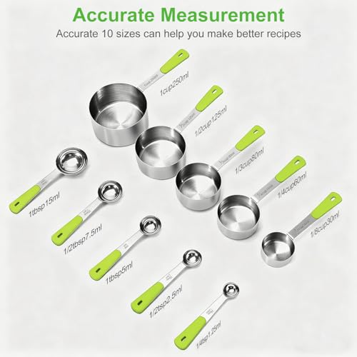 Bopei 10-Pcs Stainless Steel Measuring Cups & Spoons Set, Green Handles - color: Green