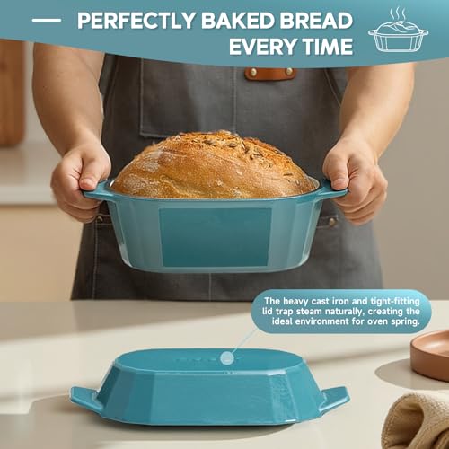 Enameled Cast Iron Dutch Oven for Bread Baking – 3QT Oval Round Heavy Duty Bread Pan with Lid, Non-Stick Ceramic Coating,Loaf Cast Iron Bread Oven for Sourdough, Baking, Roasting, Braising, Stovetop & Oven Safe - color: Blue