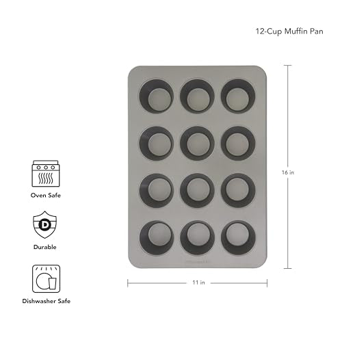 KitchenAid Nonstick Aluminized Steel Muffin Pan, Contour Silver, 12 Cup (Pack of 6) - color: Contour Silver, size: 12 Cup (Pack of 6)