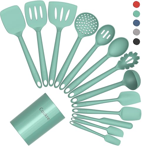 Coukre Silicone Kitchen Cooking Utensils Set, Heat Resistant, 14-Piece - color: PureAquaGreen