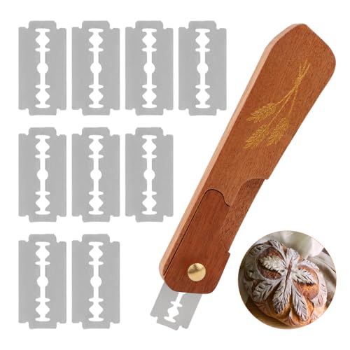 Wooden Bread Lame,Reusable Dough Scoring Tool,Sourdough Scoring Tool with Screw Lock & 10 Razor Blades,Handcrafted Bread Scoring-Tool for Sourdough Breads Baking