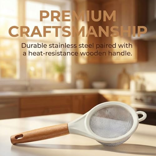 Steel Fine Mesh Food Strainer 10cm - Wooden Handle Flour Sieve for Sugar Flour Quinoa Corn Starch Juices Soy Milk, Kitchen Baking and Cooking