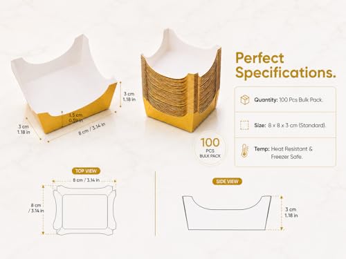 100 Pcs Square Cupcake Liners, Gold Paper Baking Cups for Muffin, Disposable Dessert Mousse Tray, Brownie Pastry Wrappers for Party Wedding