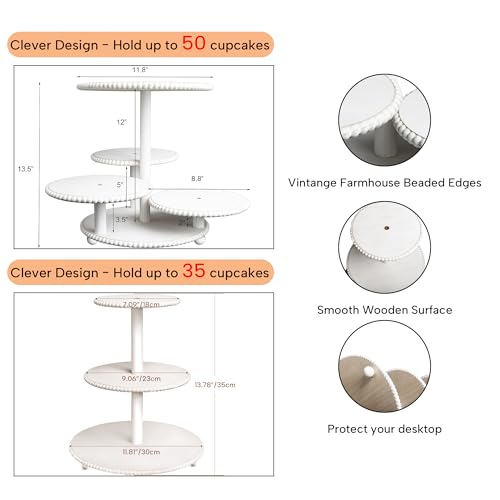 GENMOUS 2PCS 3 Tier and 4 Tier Beaded Cupcake Stand Set for Birthday Party Decor,Rustic Wooden Cupcake Tower Stands for 74 Cupcakes,White Cupcake Tiered Stand Display for Wedding Baby Shower Tea Party