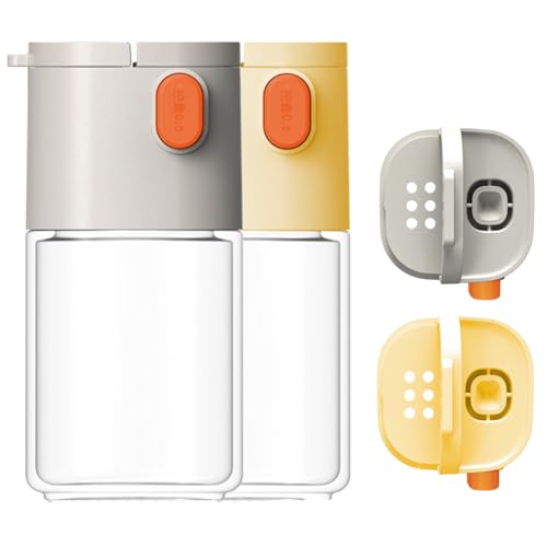 2Pcs Measure Seasoning Bottles, Salt Pepper Shaker Set, Kitchen Must have, Glass Metering Spice Salt Paprika Pepper Cumin Powder Sugar Dispenser Spice Jar, BPA Free - color: 2Pack (Beige+Yellow)