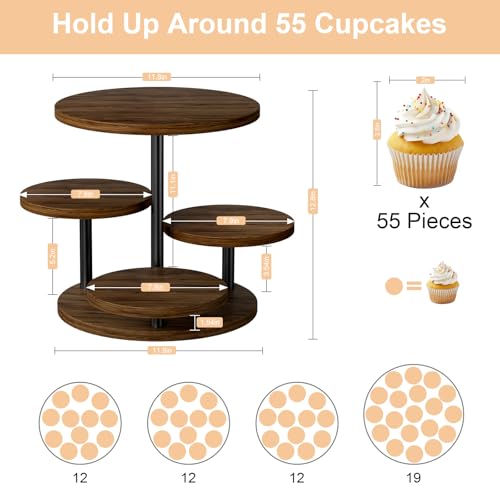 Cupcake Holder for 50 Cupcakes Wood Cake Stand with 4 Tiered Serving Tray 360°Rotating Dessert Stands Round Cookie Trays for Parties Wedding Baby Shower Afternoon Tea Dessert Table, Walnut - color: Walnut