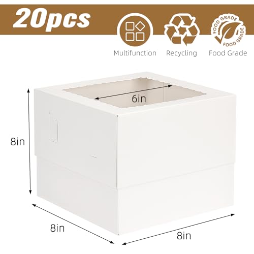 Moretoes 20pcs 8x8x8 Inches Cake Boxes with Window, White Bakery Boxes