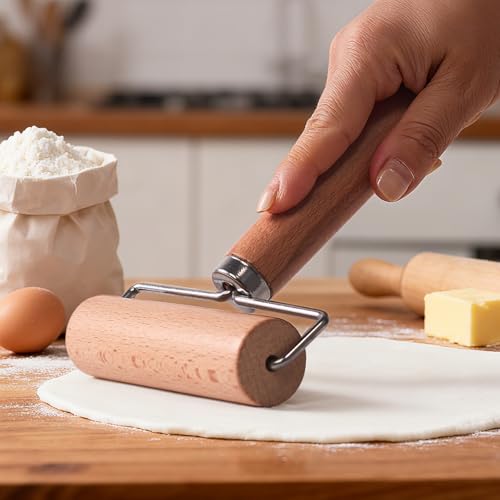 Wooden Dough Roller Large Single Wheel Handheld Rolling Pin for Pastry Pizza Baking Handmade Beechwood Kitchen Tool(6.49 x 4.72Inch) - size: 6.49 x 4.72Inch