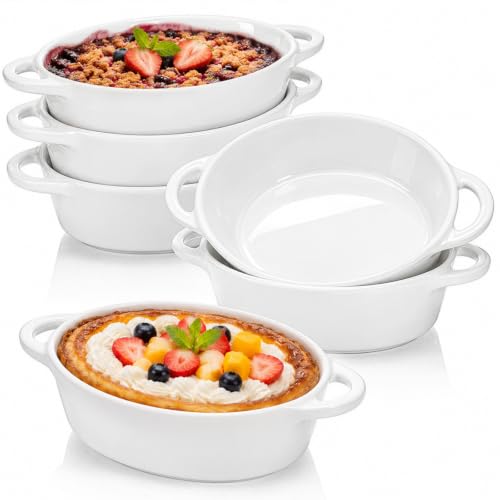 Foraineam 6-Pack Oval Porcelain Ramekins, 10 Ounce Ceramic Creme Brulee Souffle Baking Ramekin Dishes Bowl with Double Handles, Dishwasher and Oven Safe