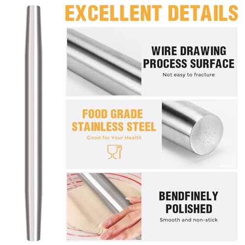AMUZHI Smooth Seamless Stainless Steel Rolling Pin, 16,7Inch - size: 16.7in + No Mat