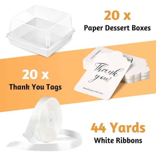 ZORRITA Paper Cake Boxes with Clear Lids, 7" x 7" x 4", 20 Pack, White - color: White