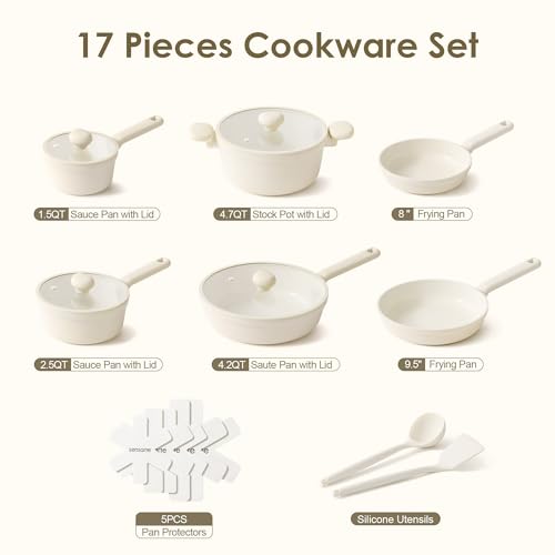 SENSARTE Ceramic Nonstick Pots and Pans Set, 17pcs Nontoxic Cookware Set - color: Creamy White