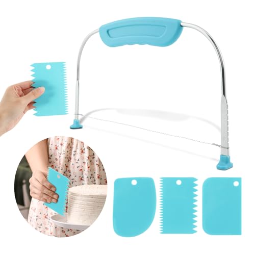 Adjustable Cake Leveler Cutter with 3 Cake Scrapers, Cake Slicer for Even Layers, Stainless Steel Cutting Wire with Plastic Handle, Cake Decorating Tool for Baking, Blue - color: Blue