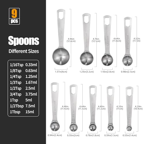 Doosu 18/8 Stainless Steel Measuring Spoons with Engraved Metric (Set of 9) - size: Set of 9