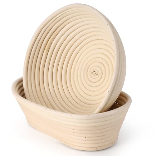 Banneton Bread Proofing Basket with Brochure Set of 2, Sourdough Baking Supplies for Rising, Round & Oval Proving Baskets with Liners, Handmade from Quality Natural Indonesian Rattan - size: Round & Oval