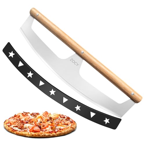 Pizza Cutter Rocker with Wooden Handles & Protective Cover by ZOCY, 16" Sharp Stainless Steel Pizza Slicer Wheel, Big Pizza Knife Cutters for Kitchen Tool (16inch) - size: 16inch