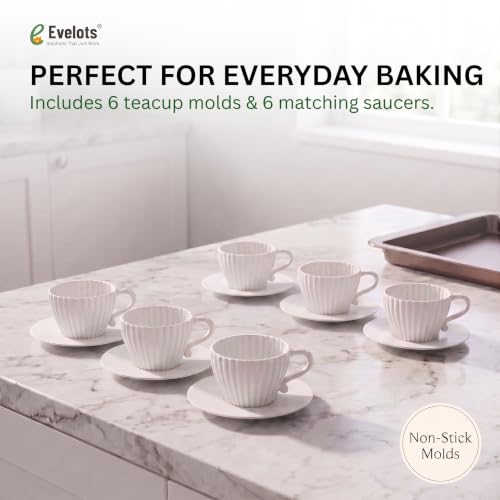Evelots 12-Piece Silicone Teacup Cupcake Molds, 6 Cups & Saucers, BPA-Free - color: White, size: 12 Piece Set