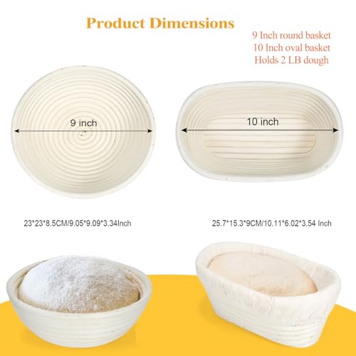 Banneton Bread Proofing Basket Set with Liners,9 Inch Round & 10 Inch Oval Sourdough Baking Kit for Professional & Home Use