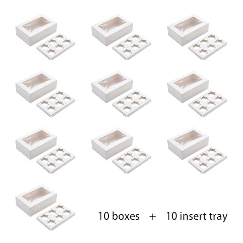 10 Pack Cupcake Boxes 6 Count, White Bakery Containers with Window and Inserts, Food Grade Cardboard Pastry Dessert Box for Muffins, Cookies, and Bake Sales (9.4"x6.3"x3")
