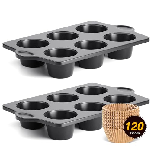 HONGBAKE Nonstick Jumbo Muffin Pan, 2 Pack Large Cupcake Tin with 120pcs Muffin Liners, Cup Cake Tray for Baking, 3.5dia, 6 Cup, Premium, Extra Thick