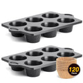 HONGBAKE Nonstick Jumbo Muffin Pan, 2 Pack Large Cupcake Tin with 120pcs Muffin Liners, Cup Cake Tray for Baking, 3.5dia, 6 Cup, Premium, Extra Thick