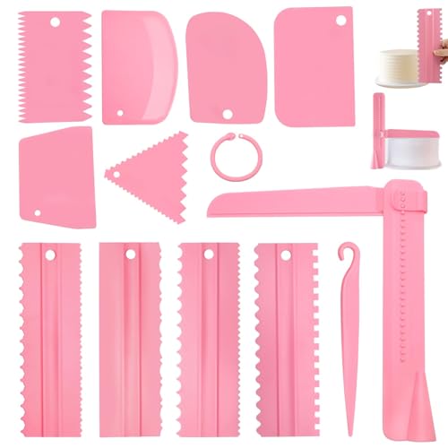 12 Pcs Adjustable Cake Smoother Set, Plastic Cake Decorating Tools Comb and Dough Scrapers for Baking Pastries (Pink)
