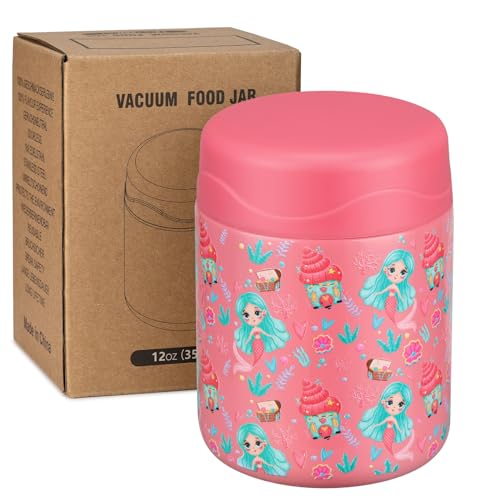 wiwens 12oz Soup Thermo for Hot Food Kids Insulated Food Jar Wide Mouth Lunch Container Leak Proof Stainless Steel Vacuum Bento Box for School Office Travel Outdoors Pink-Mermaid - color: Pink-Mermaid